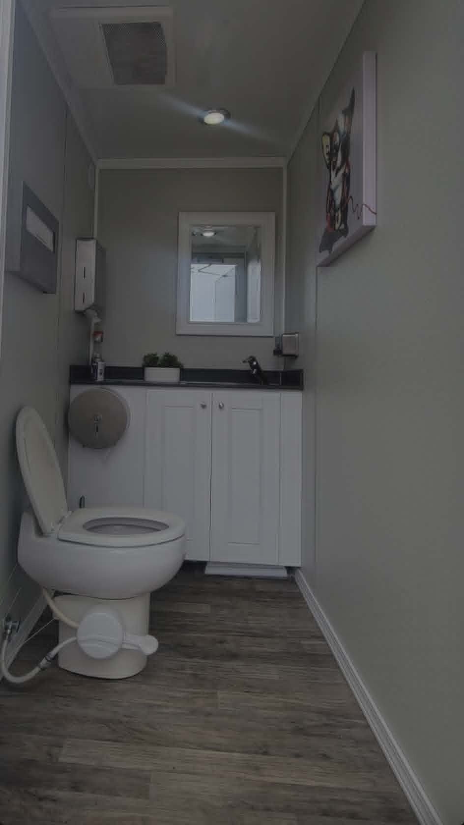 KLASSIK Restrooms 4-Unit Women's Suite Interior — Canvas Art, White Vanity, Window, Wood Floors